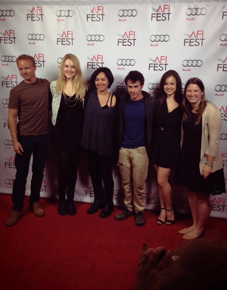 Cast members James Gallo, Kasia Pilewicz, Alex Miller, and Molly McIntyre with Director Chloe Okuno, and Producer Lisa Gollobin at the 2ns screening of SLUT at AFI Fest 2014.