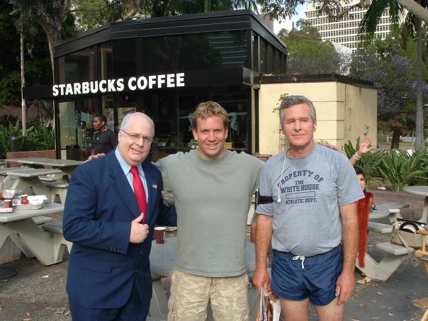 Lawrence Roeck with Cheney and Bush lookalikes on the set of the hit music video 