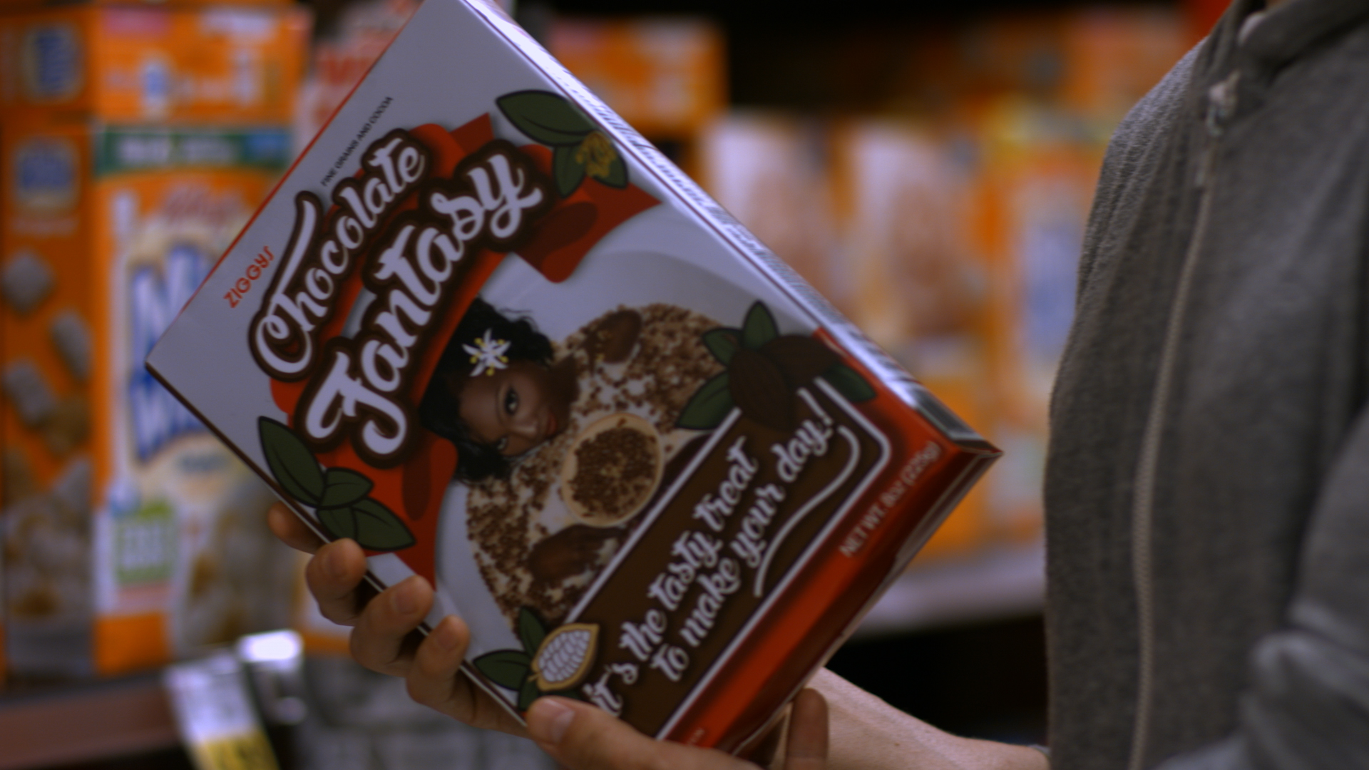 Scene from A Bitter Lime (2014) featuring cereal box design by Russell Southam.