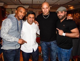 (From left to right) Ashley Walters,Shaz Harris,Dj Sollie and Thaer Al-Shayei at Dabbawallah Club Cardiff.