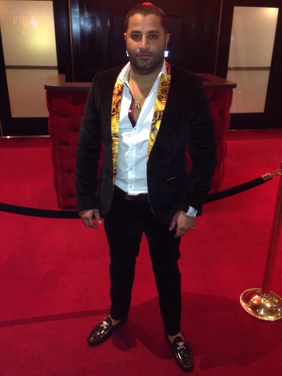 Thaer Al-Shayei here wearing Alexanda Mc Queen velvet suit with Vivienne Westwood loafers shirt by Mc Queen on his way to Club Hakkasan Las Vegas were Calvin Harris will be playing live 2015.