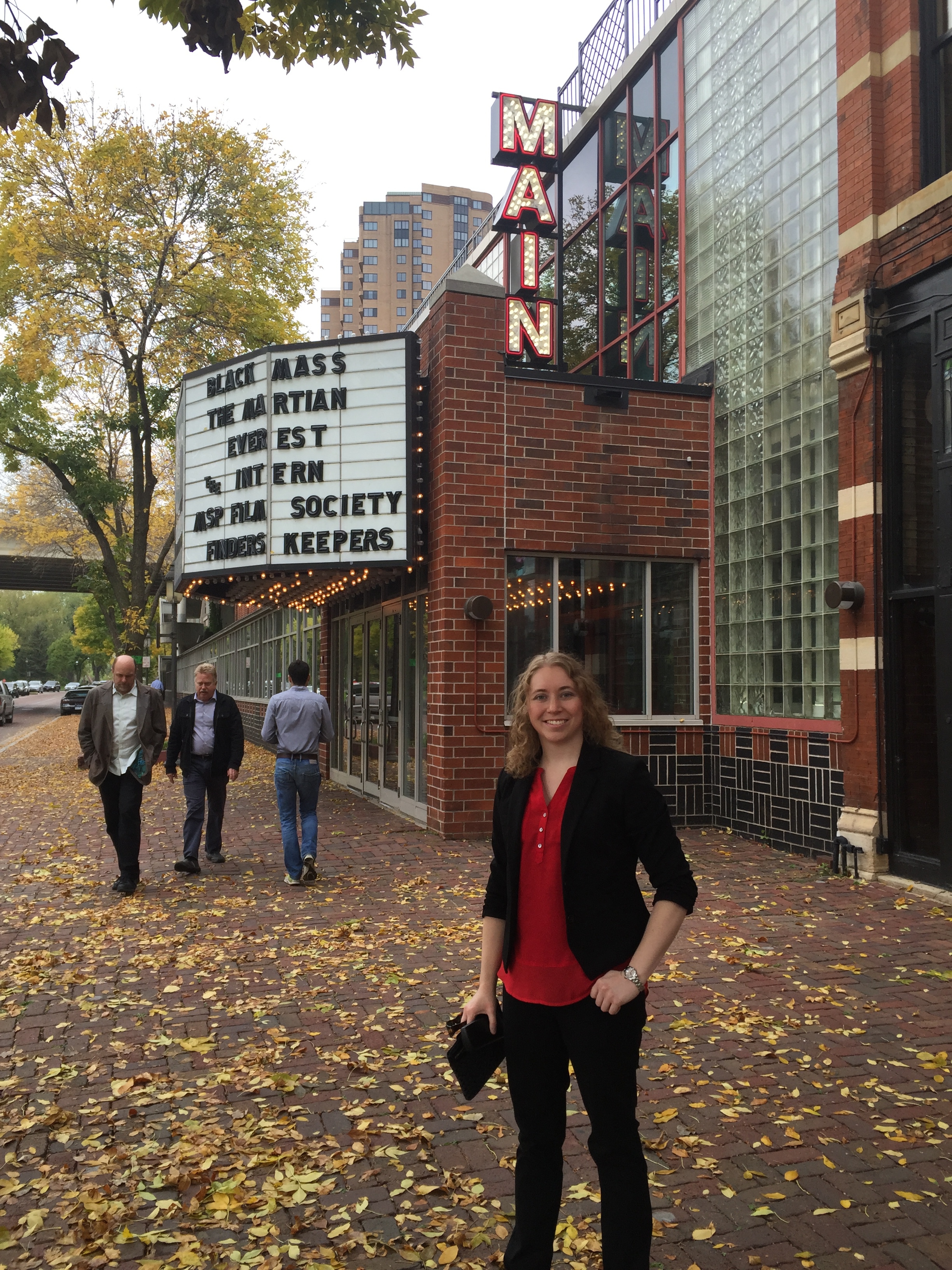 Lauren Barker in front of the historic St. Anthony Main Theatre in Minneapolis, MN, for the Minneapolis Underground Film Festival 8 October 2015.