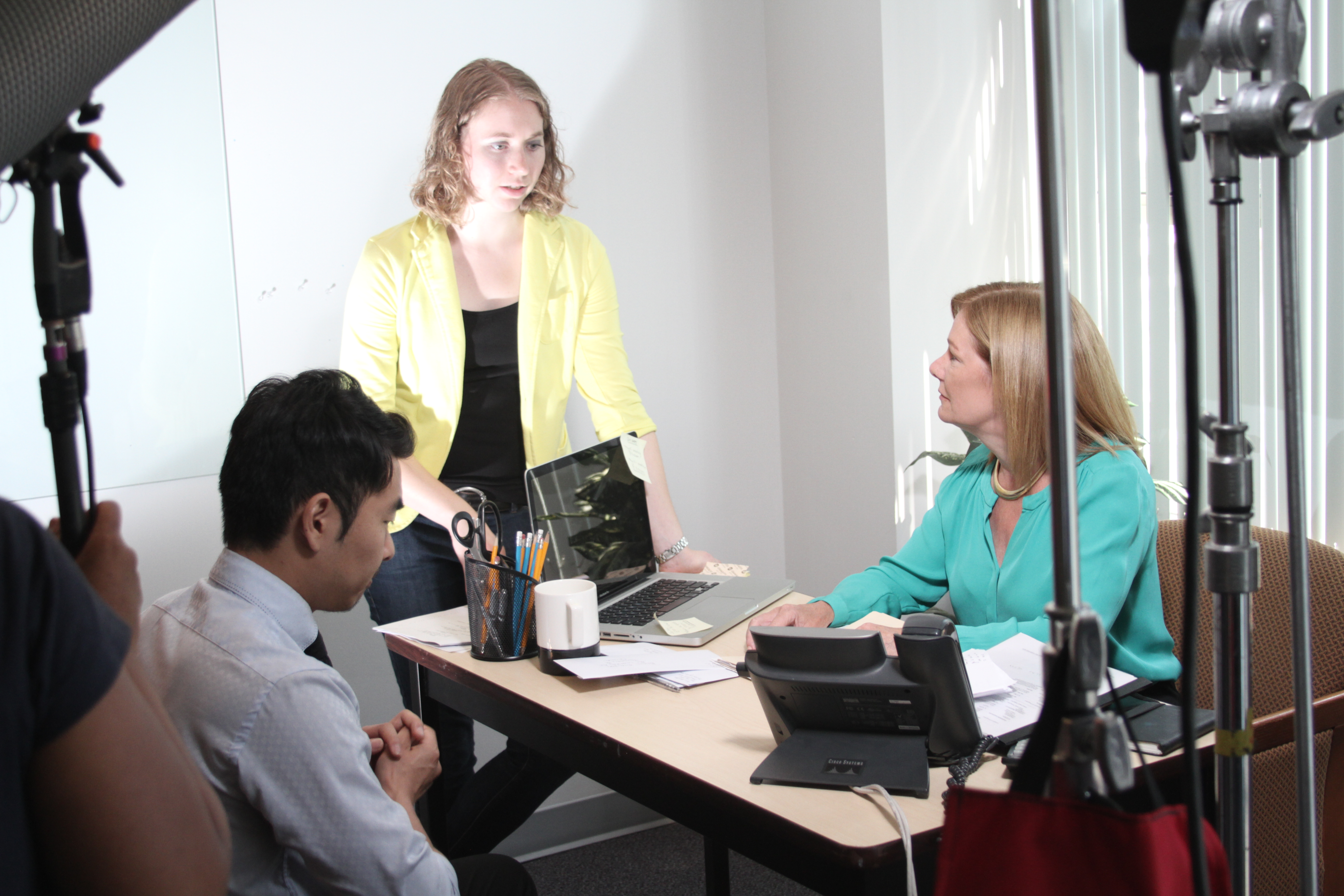 Lauren Barker on the set of Smile, Baby directing Lee Shorten and Dawn Williamson.