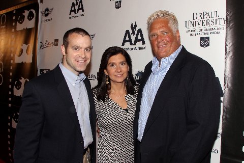 Michael Schmiedeler, left, of Towers Productions, joined by Betsy Steinberg, center, and Todd Lizak, right, of the Illinois Film Office, pose for a picture before the HUGO Awards at the Radisson Blu on Thursday, Apr. 19, 2012, in Chicago.