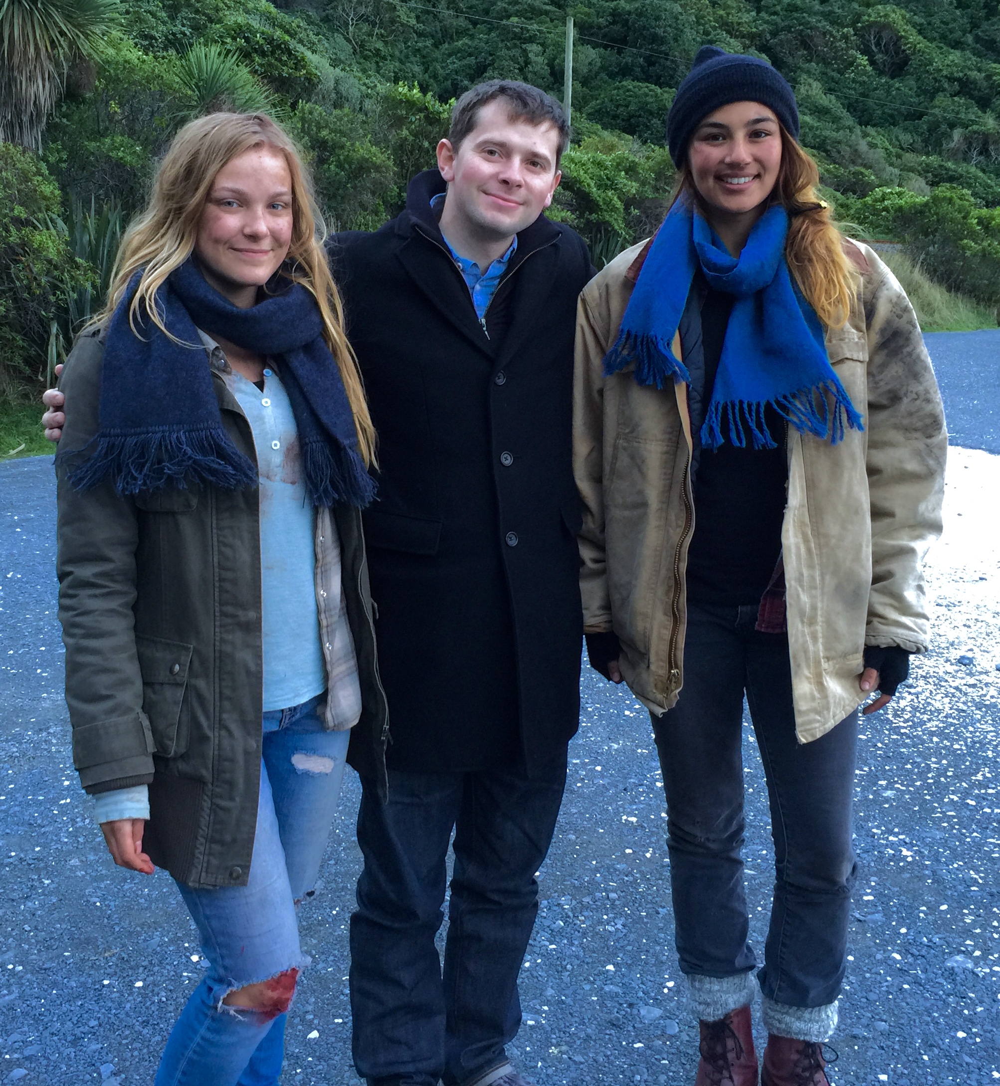 Joshua Good with actresses Rosa Garcia Knight and Karishma Grebneff on location in Kaikoura, New Zealand.