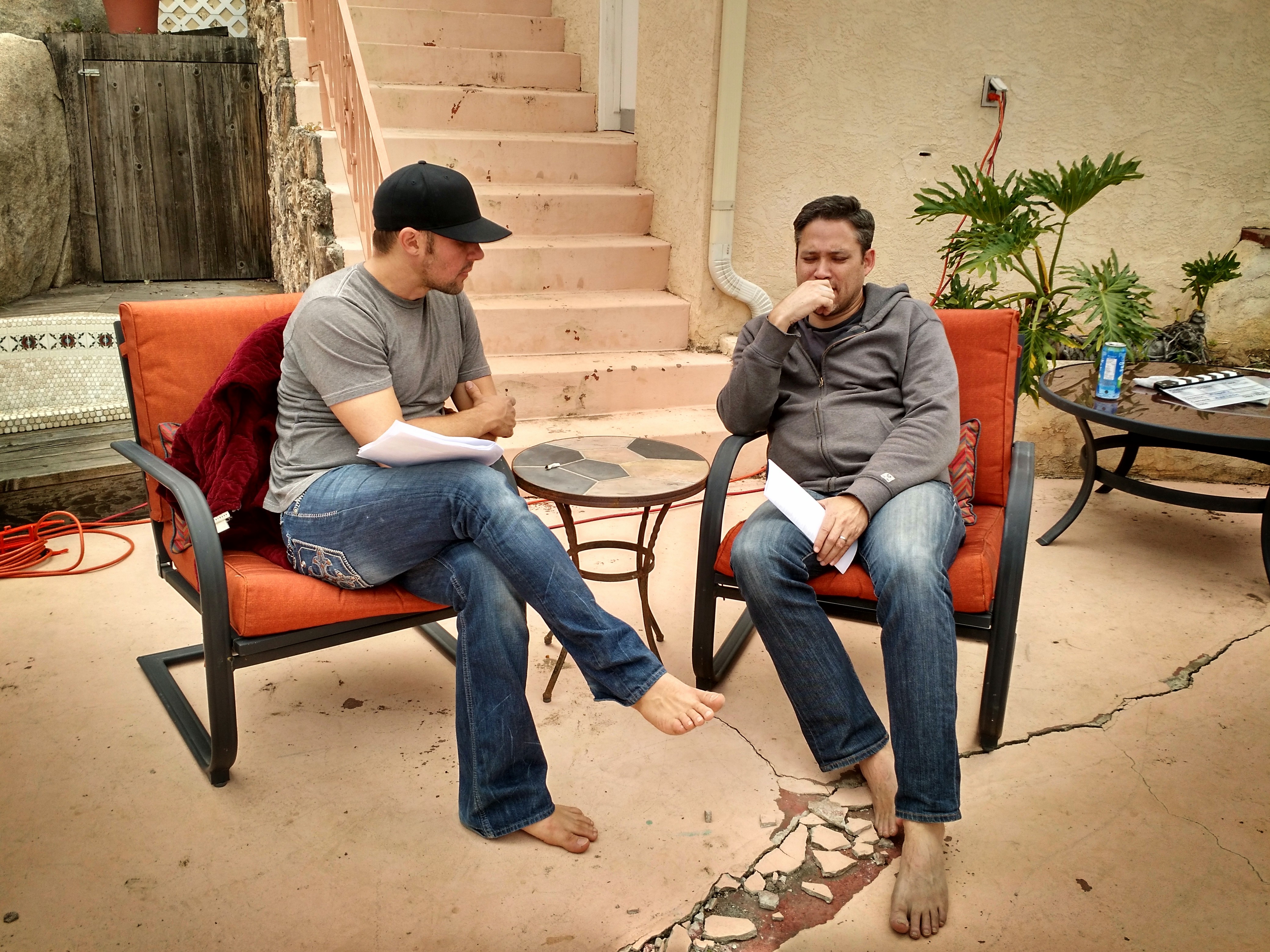 Working with actors... barefoot.