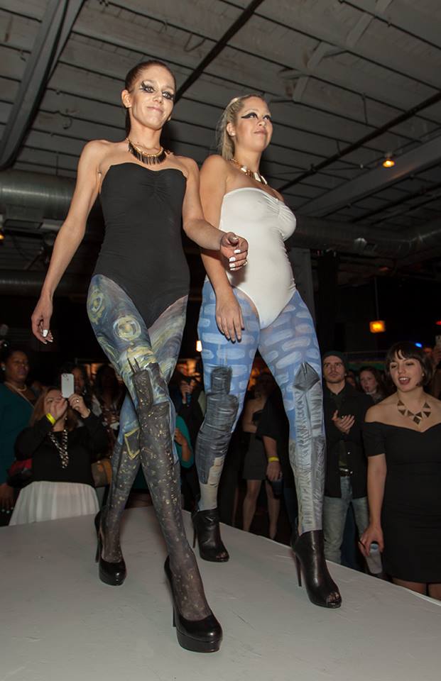 Modeling for make-up/body-paint artist, Andie Peirce at a Chicago RAW Artists event. My legs are painted as Van Gogh's Chicago Starry Night.