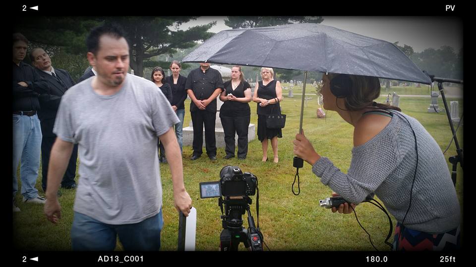 I helped with he sound in he funeral scene of Cellar Secret. It was a dreadful, rainy, windy day, but the scene was on point!