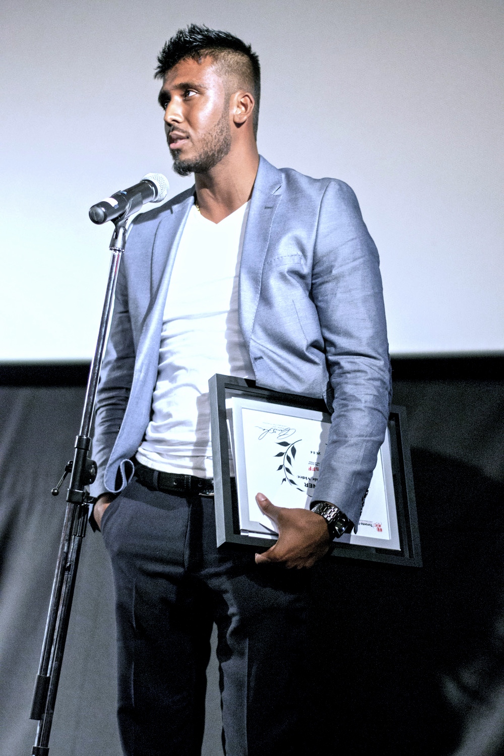 At the 2nd Annual TFsFF ( Toronto Film School Festival of Films) receiving the 2014's Best Music Video Award for Formula Rush