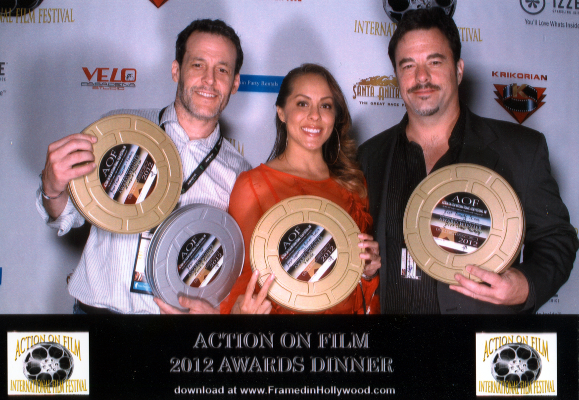 Robert Pralgo, Vanelle, and John Foutz. Action on Film Awards Dinner 2012.