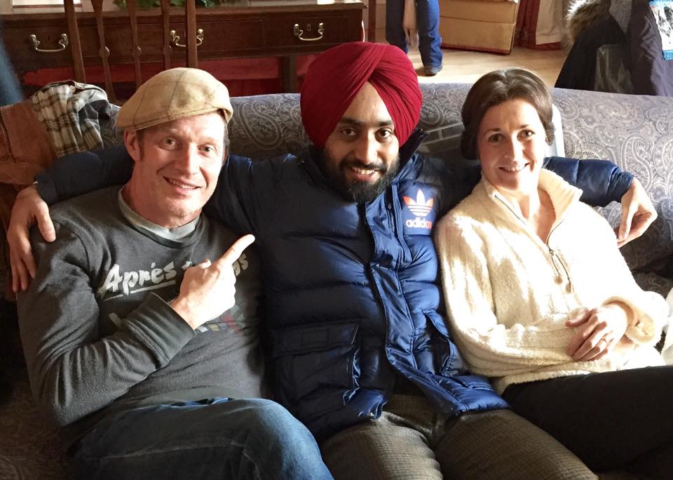 Satinder Sartaaj with Jason Flemyng and Amanda Root British Actors during the shooting of 'The Black Prince'