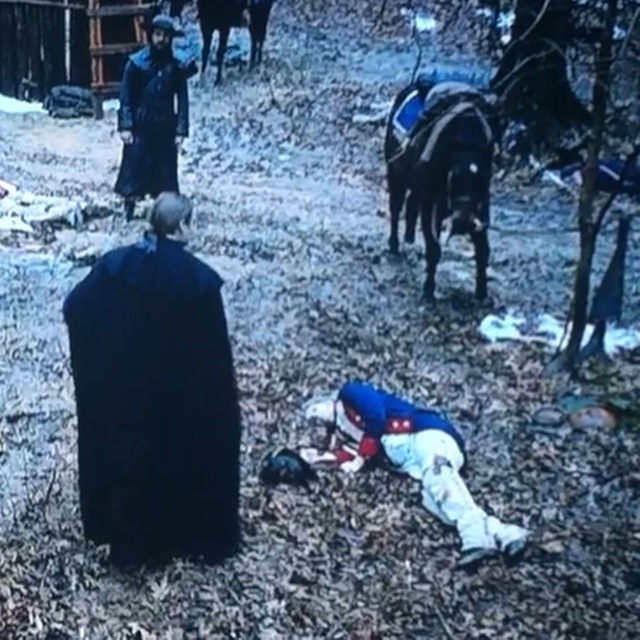 Screen grab as a Dead Continental Soldier (lower right of screen) in episode 8 of season 2 of 