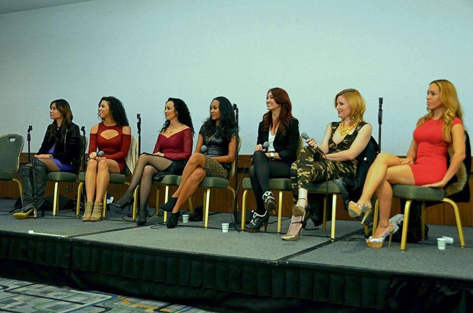 Denise J. Reed with Tina Duong, Kylie Fox, Teresa Nash, Jessica Locke, Trace Lysette and Aimee Watson speaking in the 