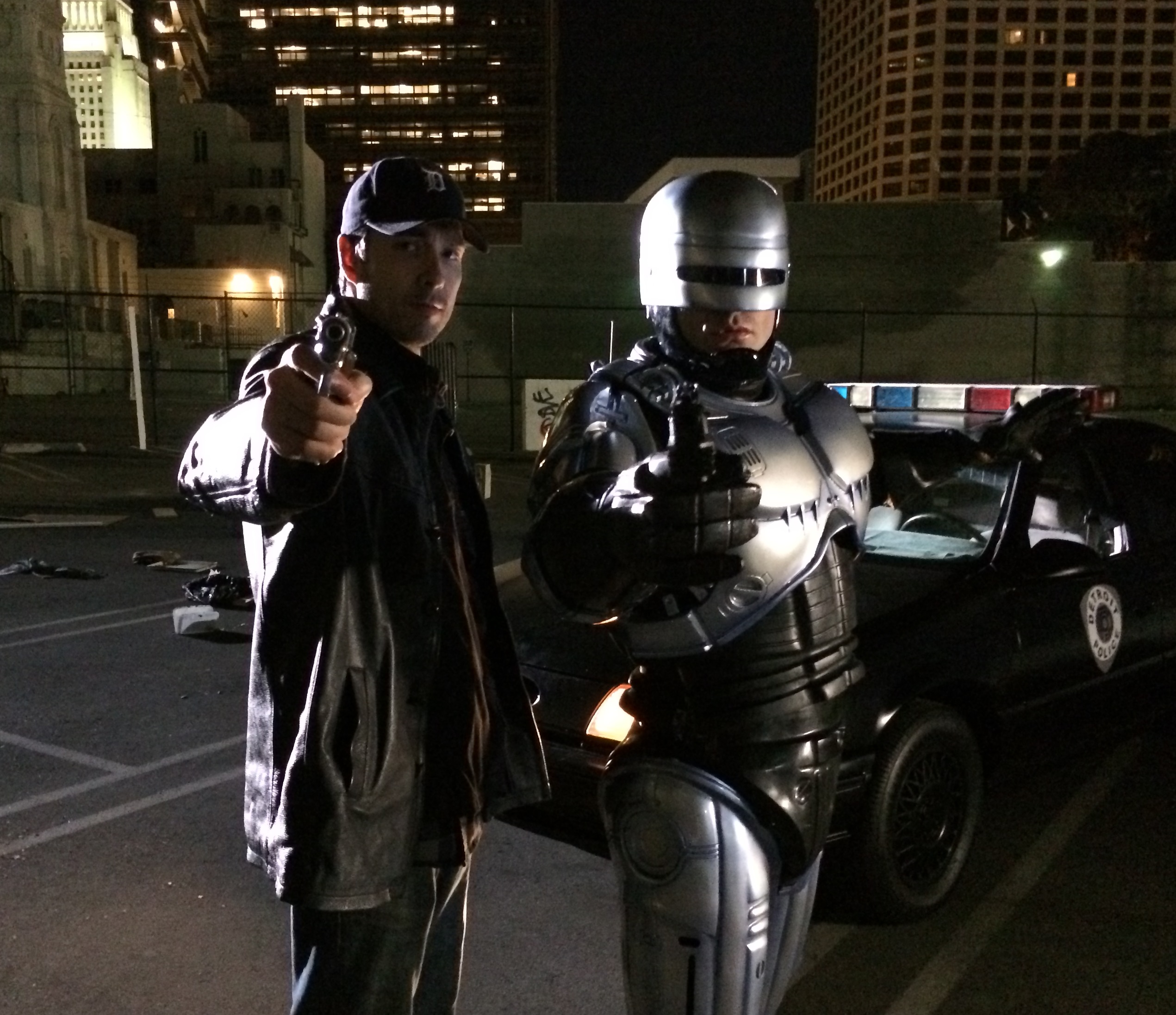 Robo Cop and his new partner Gage Creed (Jin Kelley)on set in Downtown Los Angeles.