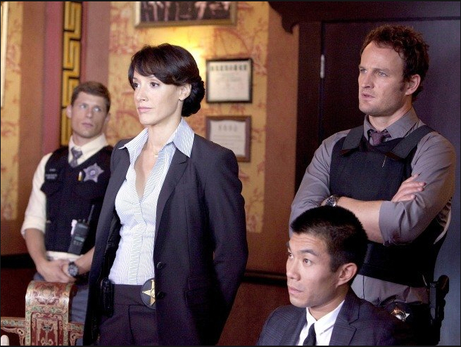Still of Matt Lauria, Jennifer Beals, Nelson Lee and Jason Clarke in The Chicago Code (2011)