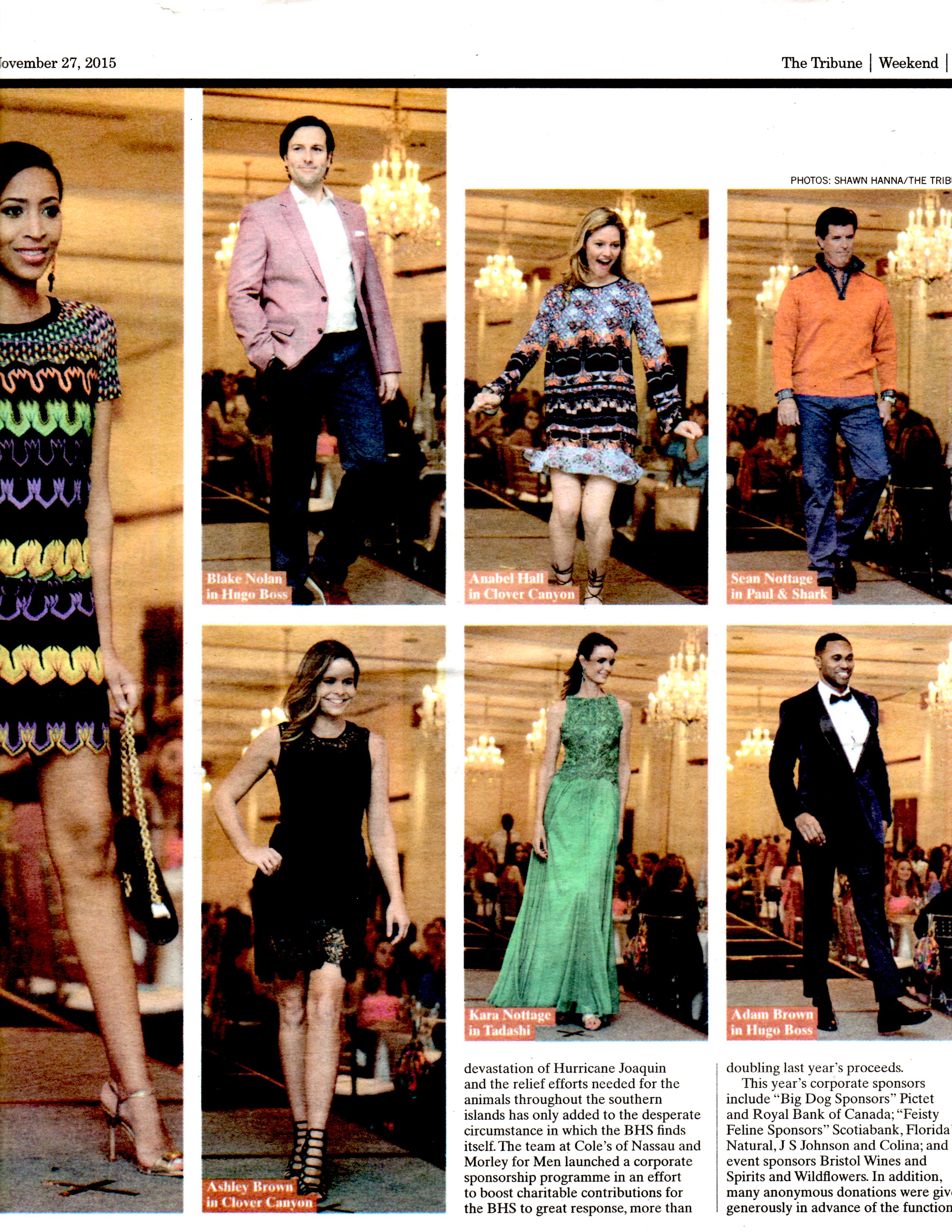 Modeling Hugo Boss tuxedo at Cole's of Nassau & Morley for Men fashion show in aid of the Bahamas Humane Society. Show held on Tuesday, 24th November, 2015 at The Hilton Hotel, Nassau, Bahamas. Photos published in The Tribune Newspaper - Weekend Edition.