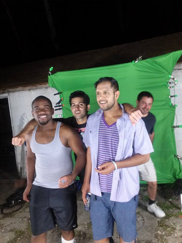 Mushad Moore (Dre), Matt Acho (Brad) and Ryan D'Silva (Rami) taking a group picture on the last day of filming The Boonies