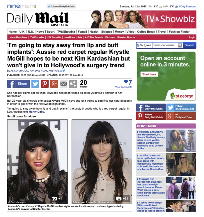 Aussie Kim Kardashian Krystle McGill will stay away from butt and lip implants