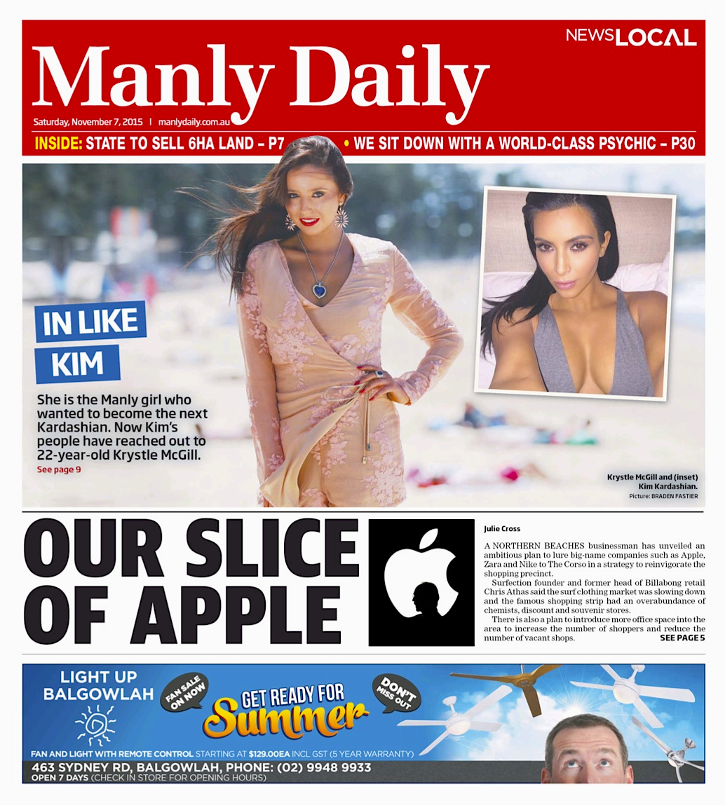 Front Cover Story Krystle McGill Daily Telegraph 7th November 2015