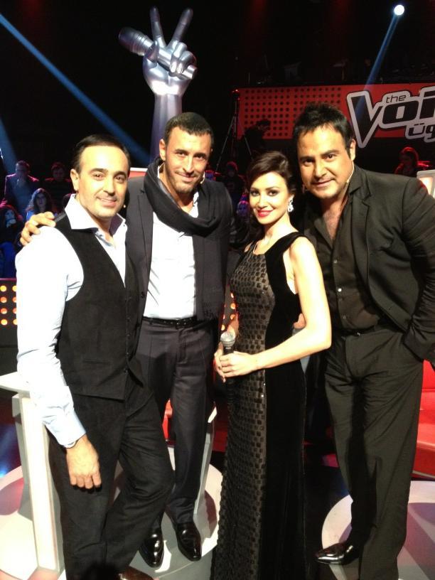 Arwa Gouda with Super Stars Judge panel of THE VOICE (from left to right) Saber Al Robaei, Kadim Al Saherm and Assi Al Hellani