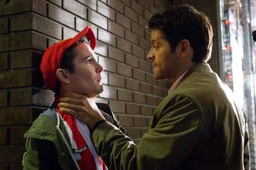 Pictured: (L-R) Jake Guy as Dustin and Misha Collins as Castiel