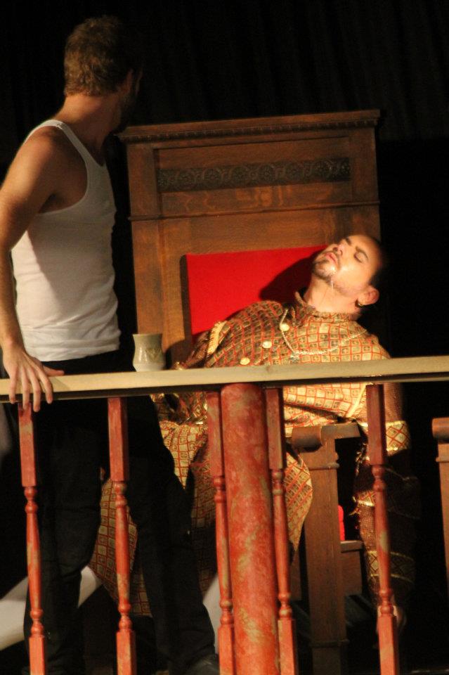 Jeremy Scoggins as Claudius on the set of Hamlet with Worth Mountjoy