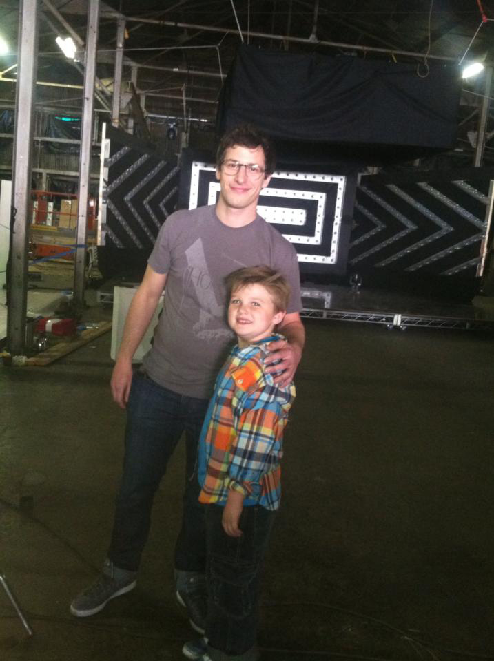 Zach on set with Andy Samberg for The Lonely Island's YOLO video.