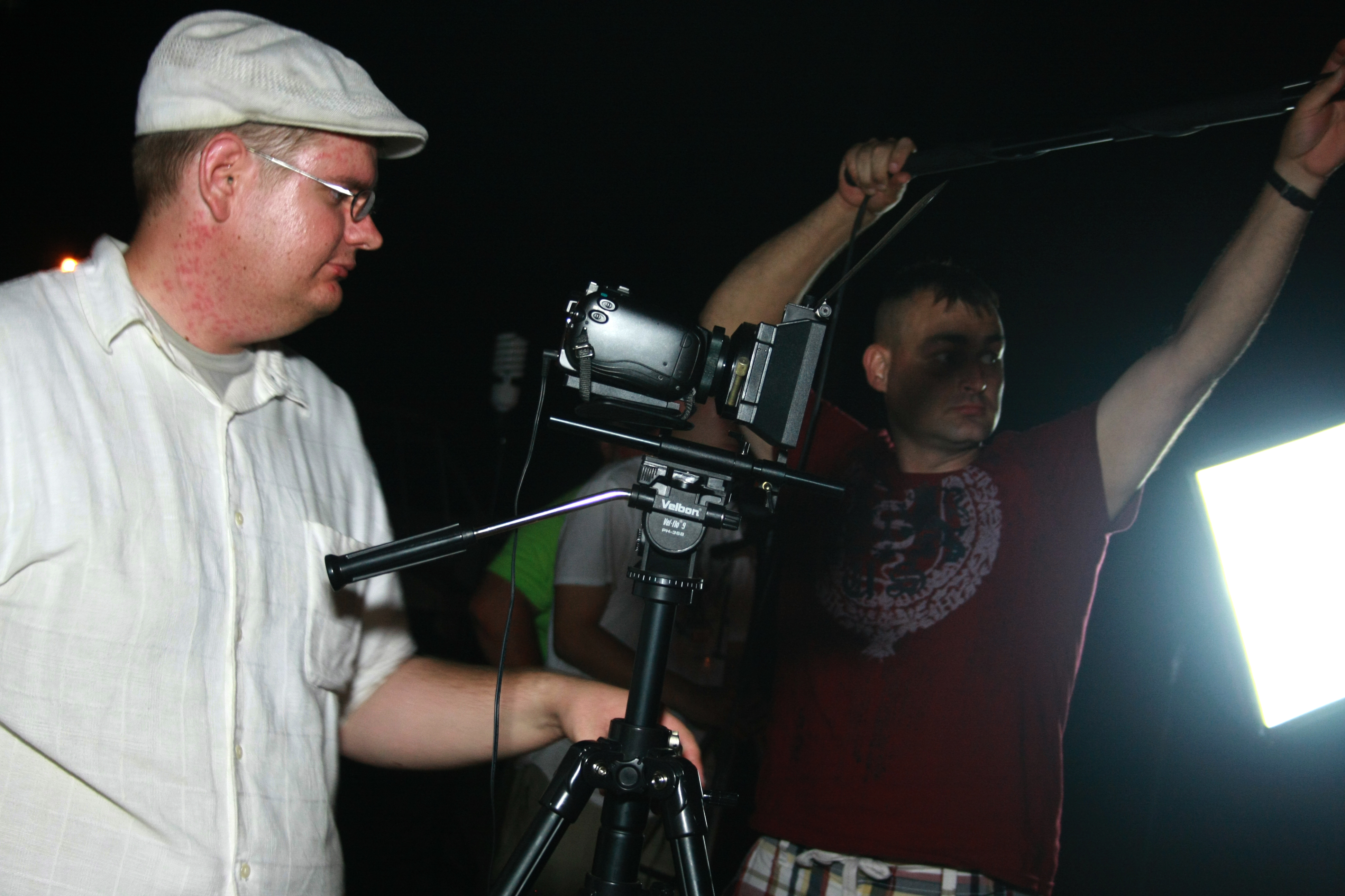 Doug Cole (Camera) and Stephen Dixon (boom mic) on the set of Exit 101 at the Halloween Party Scene.