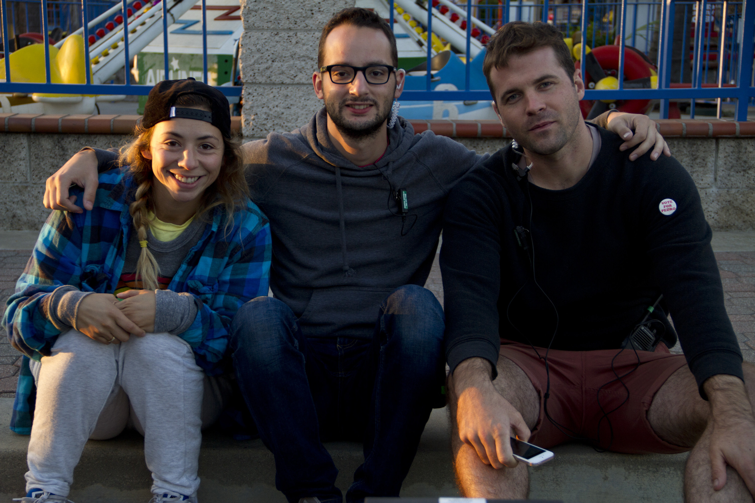 From left to right: Veronica Rodriguez (Director), Michele Caspani (Producer) and Peter Denny (Producer) on set of Grandma Money.