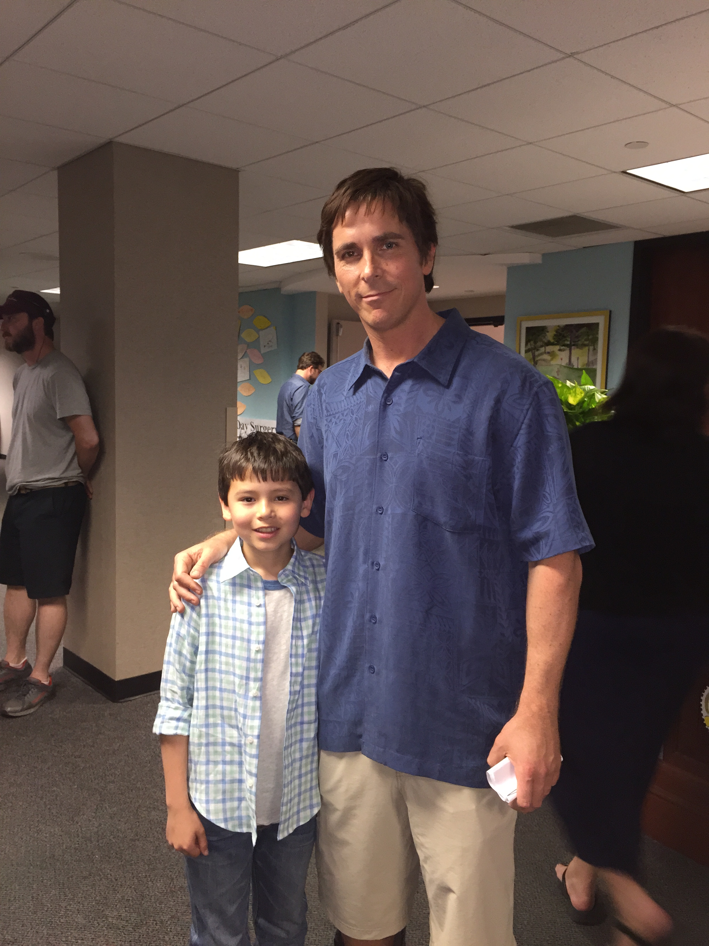 Colin Lawless with Christian Bale on the set of The Big Short.