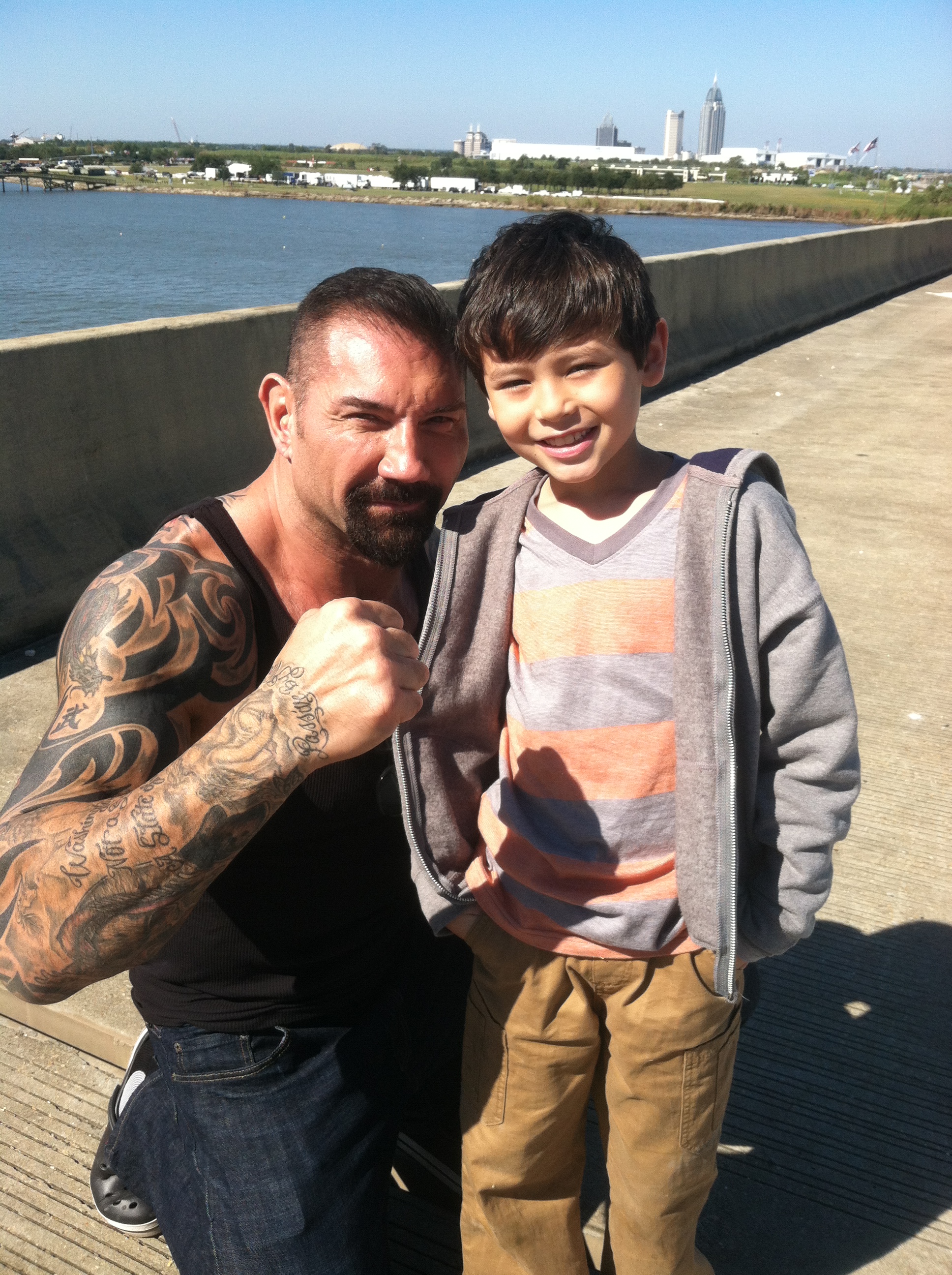 Colin Lawless with Dave Bautista on set of the movie Heist.