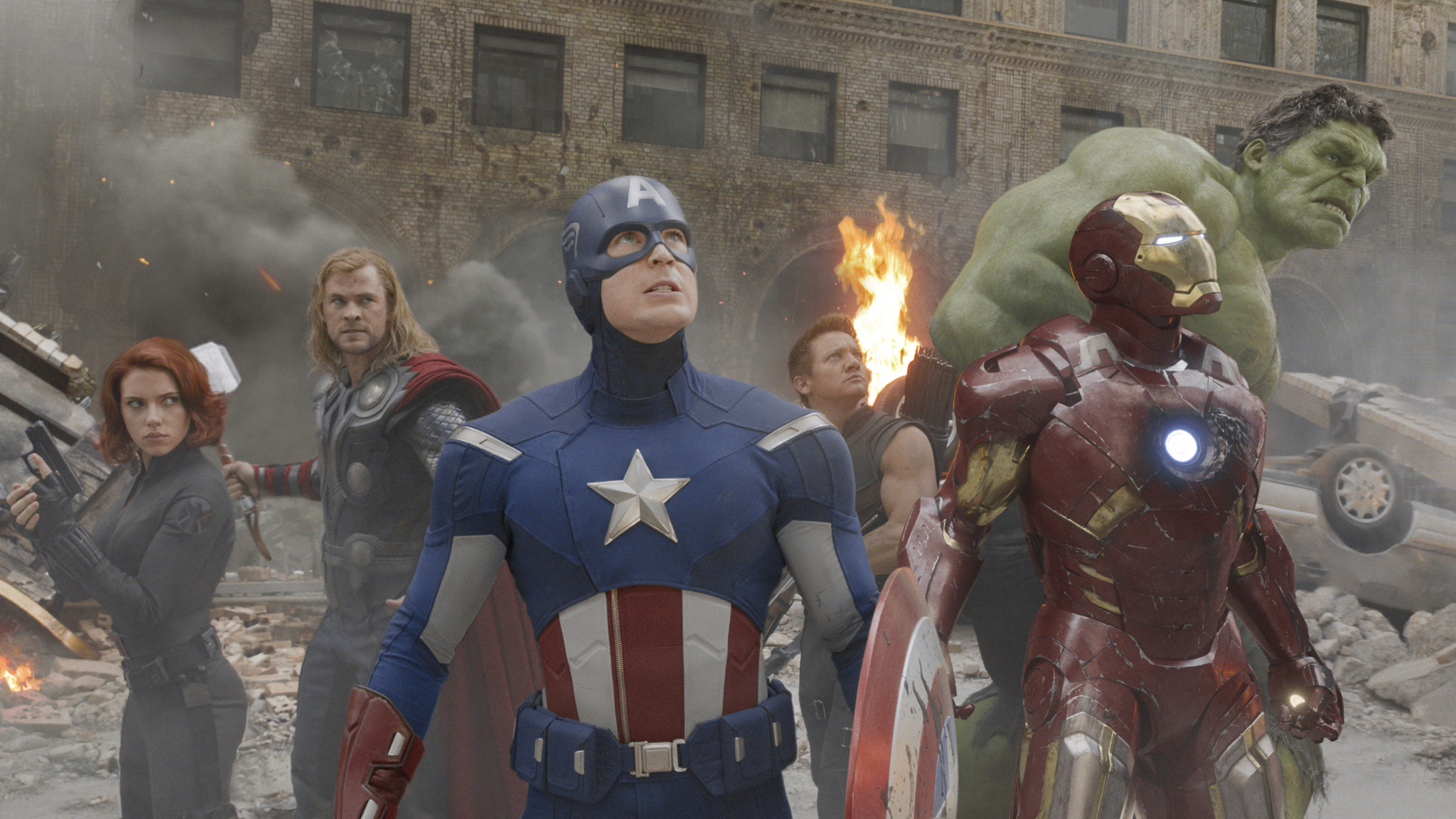 Still of Robert Downey Jr., Chris Evans, Scarlett Johansson, Jeremy Renner, Mark Ruffalo and Chris Hemsworth in Kersytojai (2012)