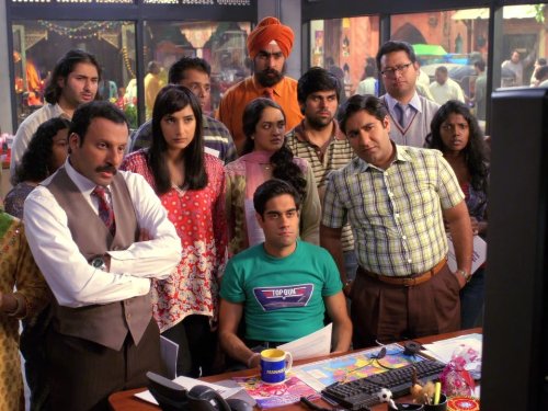 Still of Sacha Dhawan, Rebecca Hazlewood, Rizwan Manji, Parvesh Cheena, Anisha Nagarajan and Ben Rappaport in Outsourced (2010)