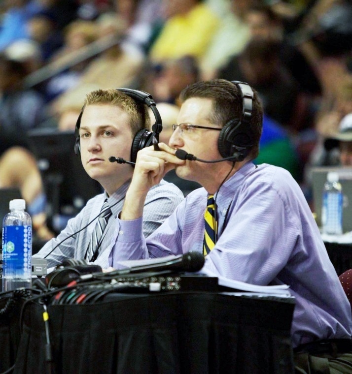 Jesse Kass and Jeff Lampe broadcast an LMU Men's Basketball game at Loyola Marymount University