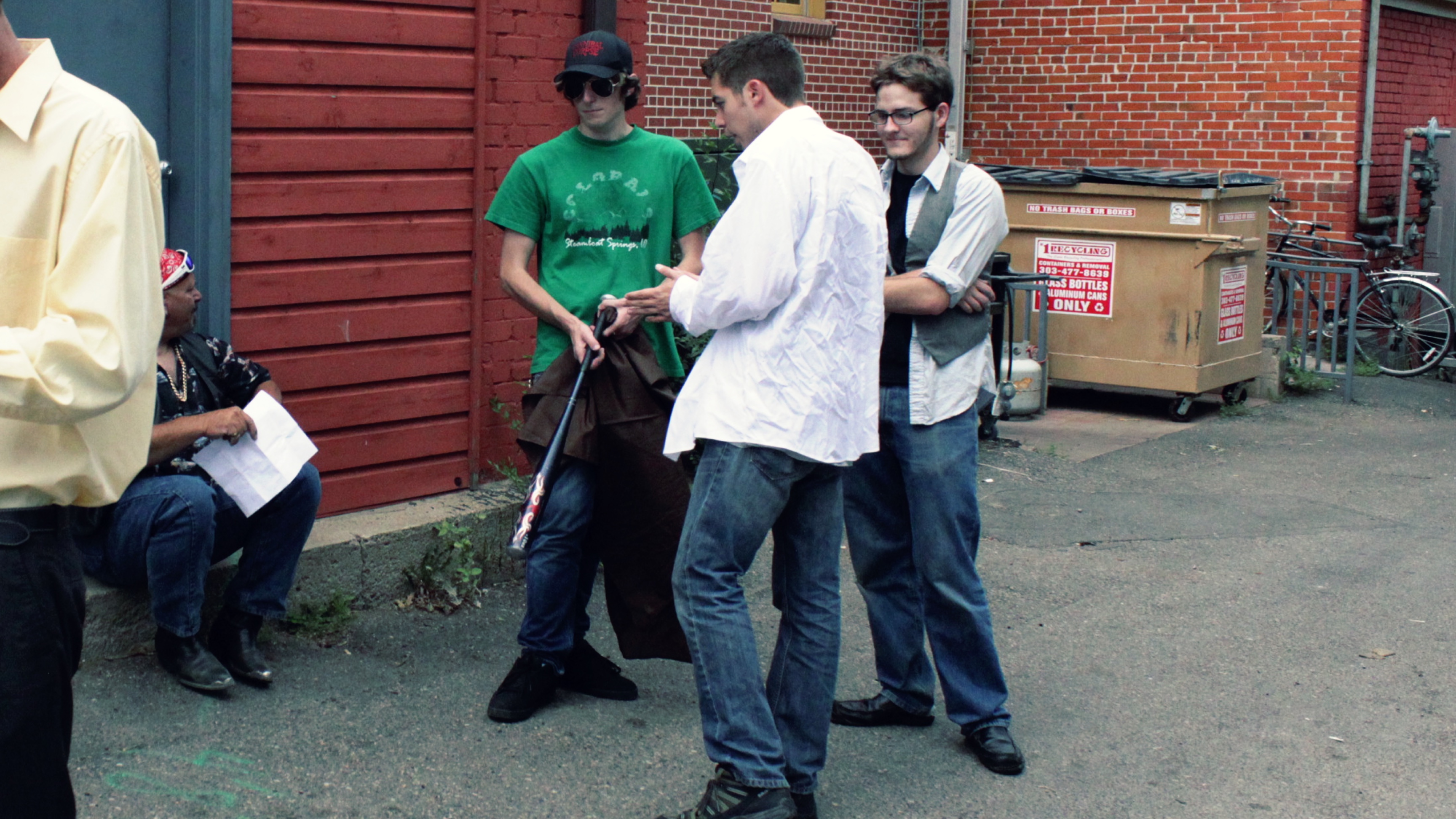 Left to right: Lyle DeRose, Luke Ostermiller, Jon Trujillo and Brandon Kehiayan on the set of Crane.