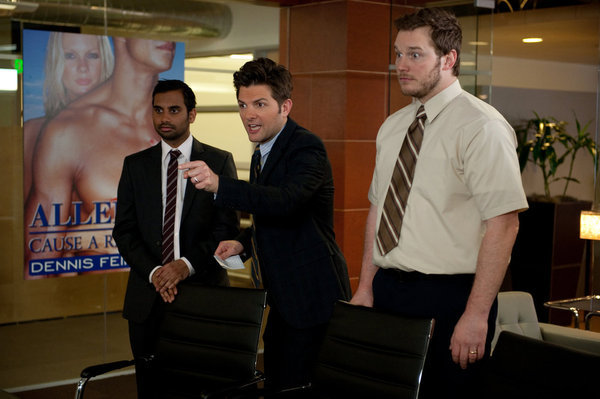 Still of Adam Scott, Chris Pratt and Aziz Ansari in Parks and Recreation (2009)