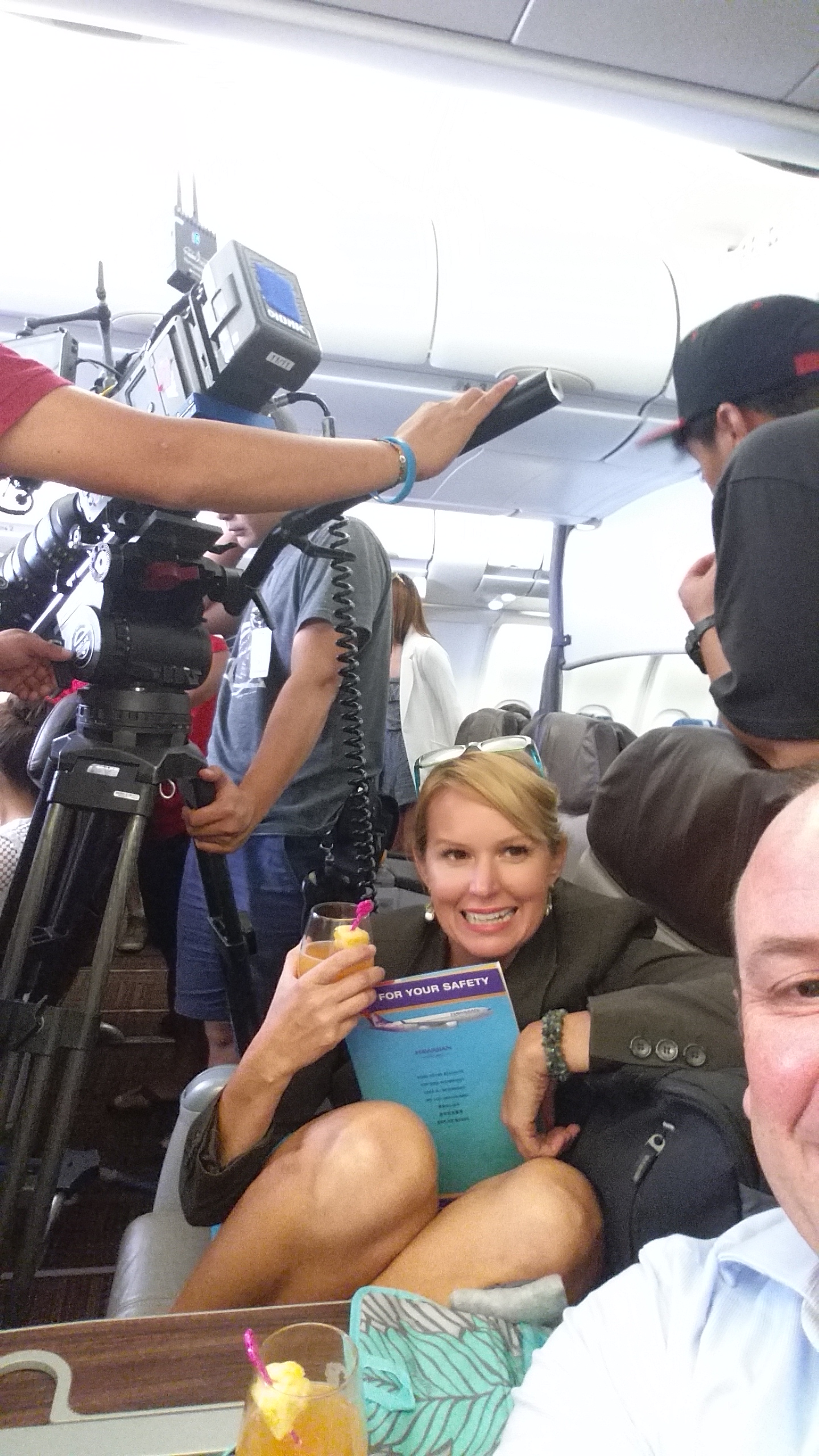 Scott M. Schewe & Angel Kay Uherek on the set of Full House, in Honolulu Hawaii Tight spaces for the cameraman, and actors on this Hawaiian Airlines plane