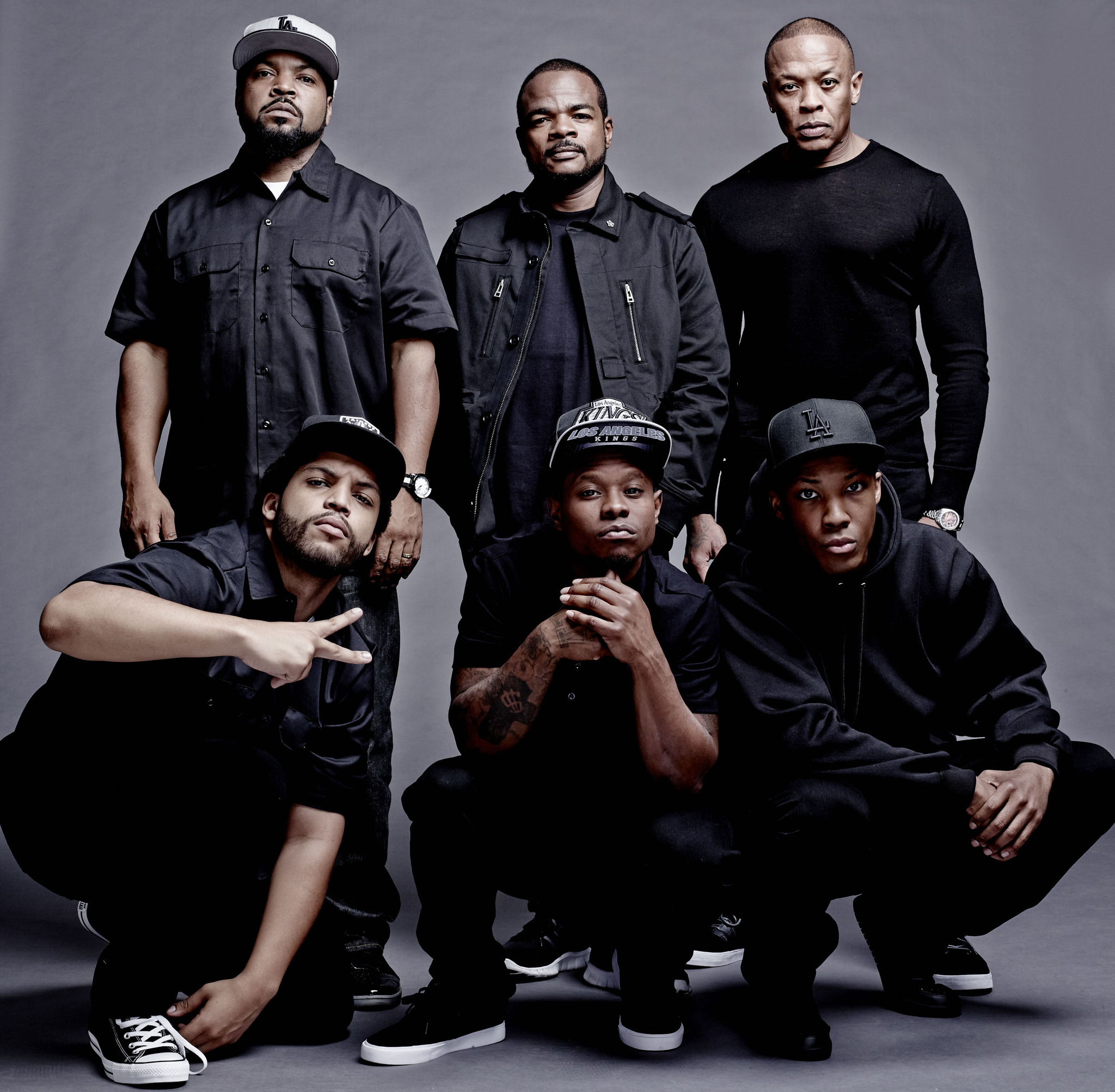 Neil Brown Jr., Dr. Dre, Paul Giamatti, F. Gary Gray, Cleavon McClendon, Corey Reynolds, Keith Stanfield, Corey Hawkins, Sheldon A. Smith, R. Marcos Taylor, Jason Mitchell, Marlon Yates Jr., Keith Powers and O'Shea Jackson Jr. in Straight Outta Compton (2015)