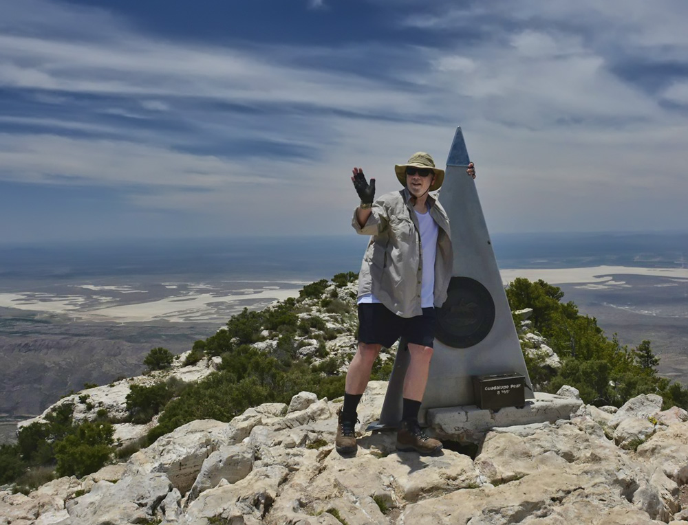 On summit of Guadalupe Peak, Texas, elevation 8,751 feet (2,667 m), May 2015