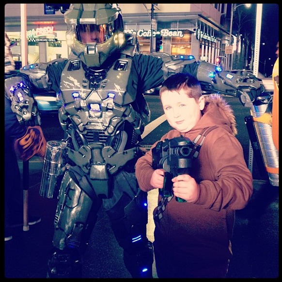 Aiden wearing his favorite Chewbacca hoodie while hanging out with the Master Chief in Hollywood.