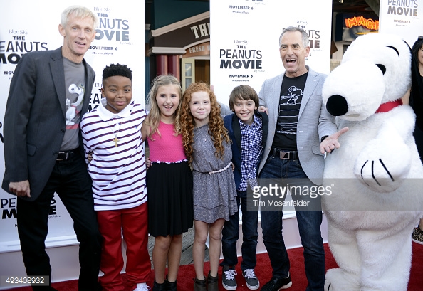 Screenwriter Craig Schulz, actor Mar Mar, actress Hadley Belle Miller, actress Francesca Capaldi, actor Noah Schnapp and director Steve Martino arrive at the red carpet premiere of 'The Peanuts Movie' at Pier 39 in San Francisco, Calif