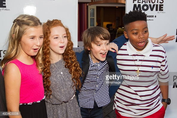 Actress Hadley Belle Miller, actress Francesca Capaldi, actor Noah Schnapp and actor Mar Mar arrive at the red carpet premiere of 'The Peanuts Movie' at Pier 39 in San Francisco, California.