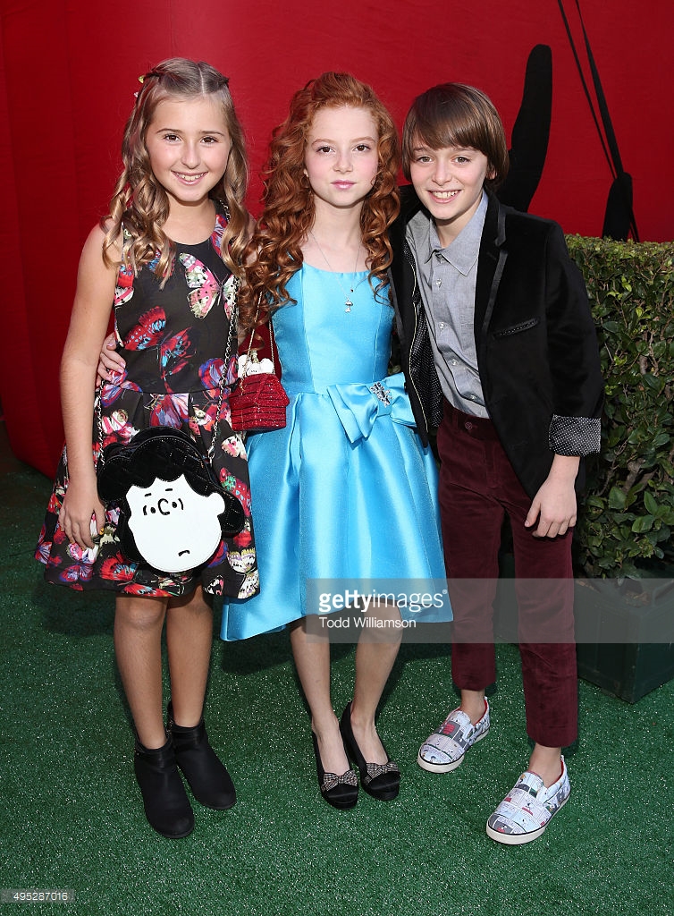 Hadley Belle Miller, Francesca Capaldi and Noah Schnapp attend the premiere of 20th Century Fox's 'The Peanuts Movie' at Regency Village Theatre in Westwood, California.