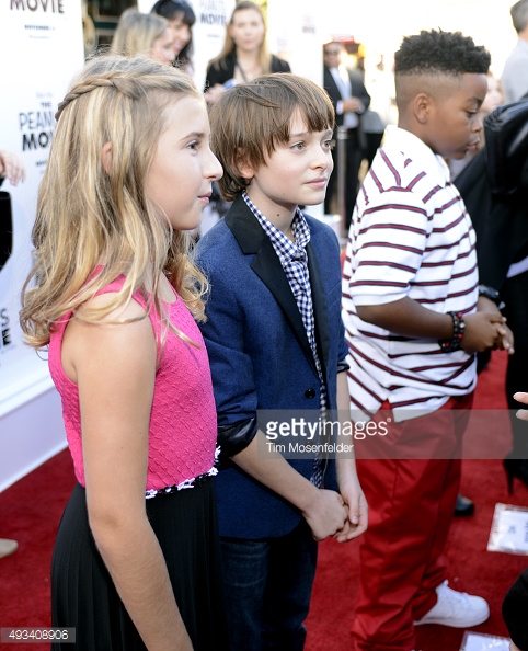 Hadley Belle Miller, Noah Schnapp, and Mar Mar attend the premiere of 20th Century Fox's 'The Peanuts Movie' at Pier 39 in San Francisco, California.