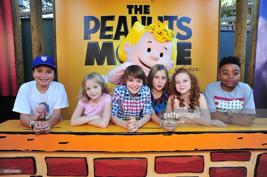 Alexander Garfin, Mariel Sheets, Noah Schnapp, Hadley Belle Miller, Francesca Capaldi, Marleik Mar Mar Walker attend 'The Peanuts Movie' cast photocall at Knott's Berry Farm in Buena Park, California.