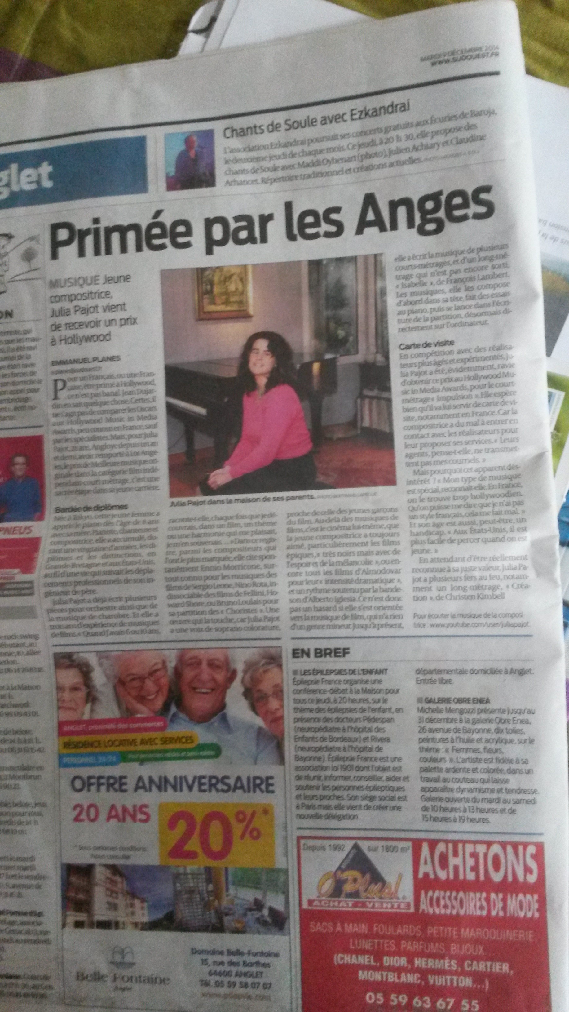 article about my HMMA award, in the french newspaper SudOuest.