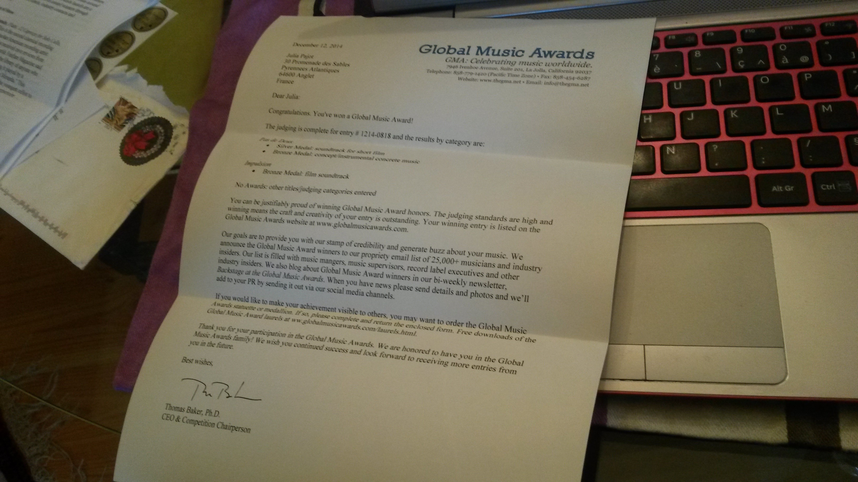 GMA awards, judging results letter.