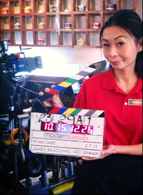 Sulinh Lafontaine on set of 'Modern Family' as a Vietnamese Waitress