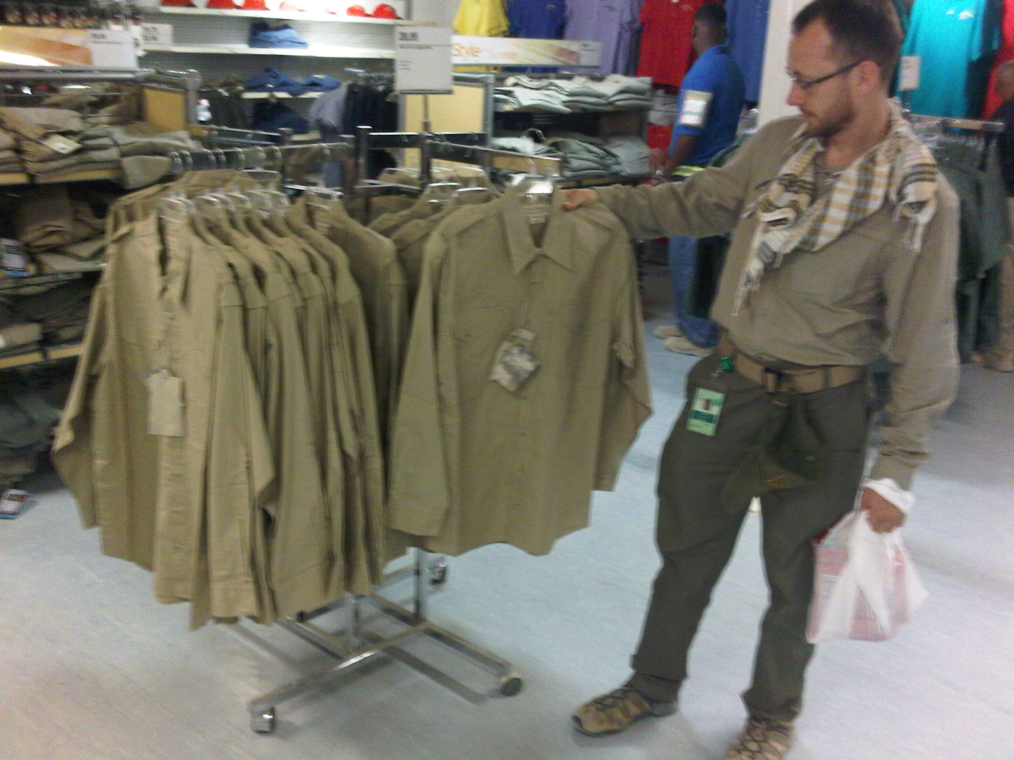 Our Brand and my designs all on display, softlines section Task Force Gear in Kandahar, Air Field PX, Afghanistan