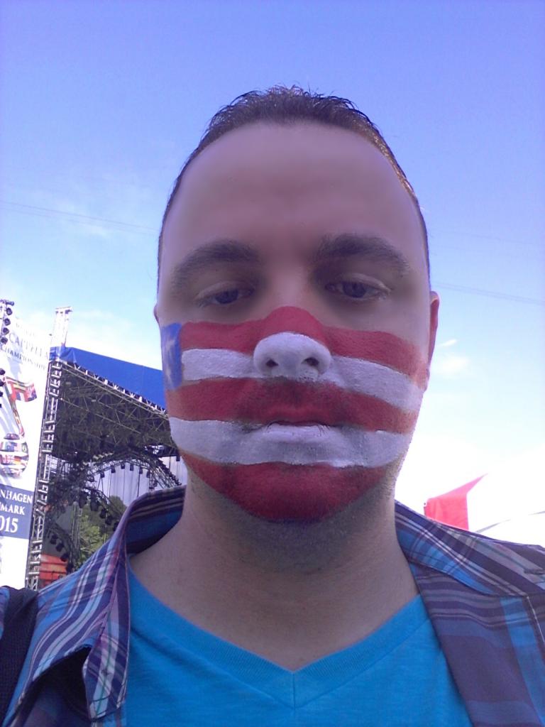 Christopher Shepard American Flag wearing spectator. Onset of Pitch Perfect 2 in Baton Rouge.